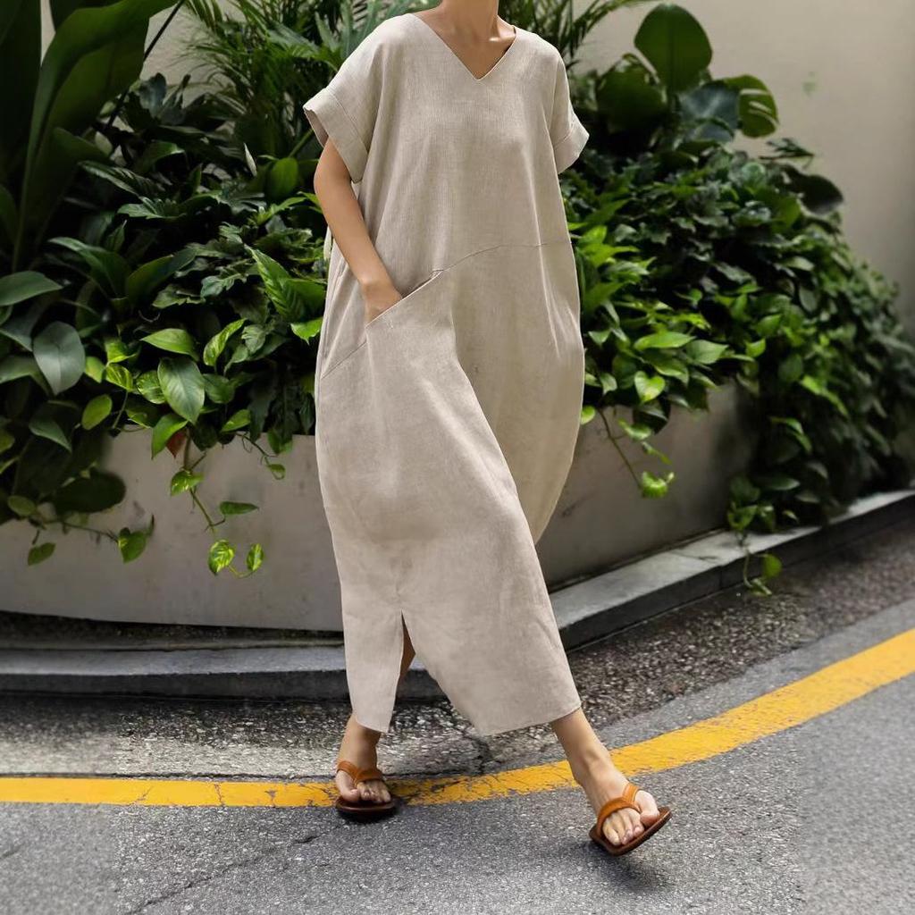 Japanese Retro Linen V-neck Dress with Big Pockets (2025 Collection)