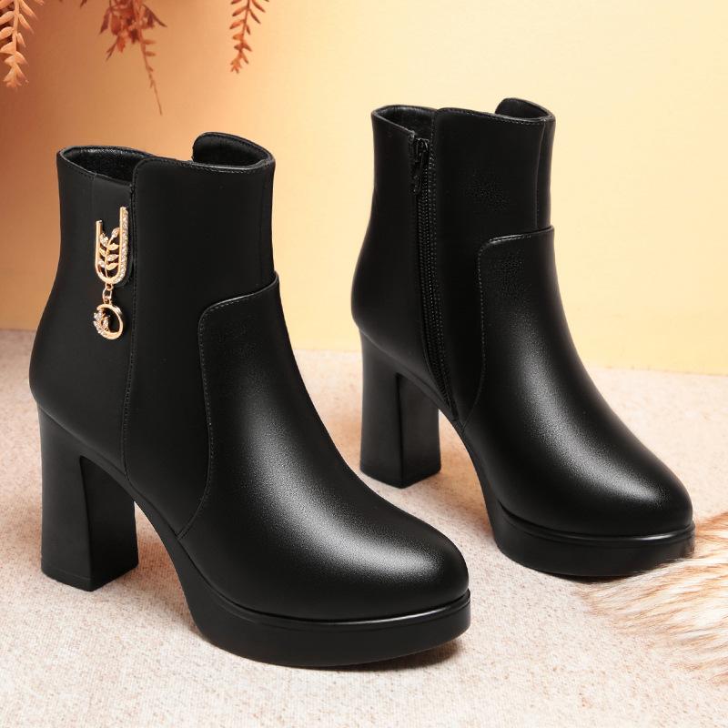 Dámské kotníkové boty na vysokém podpatku nové zimní sametové bavlněné boty temperamentní silný podpatek kožené boty teplé mateřské boty