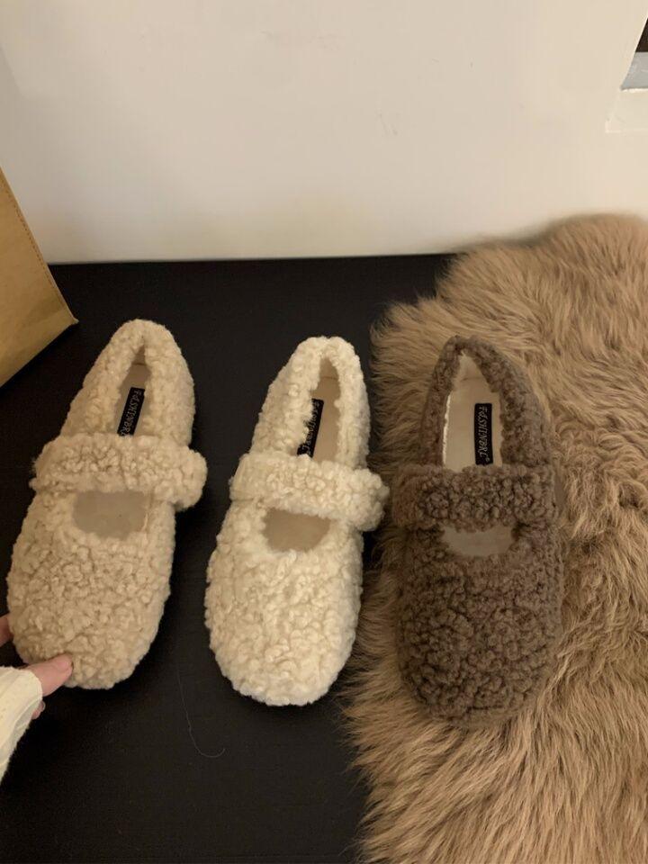 Flat-bottomed Versatile Mary Jane Fluffy Shoes Women's Shoes Wear 2025 New Autumn and Winter Foreign Style Velvet Cotton Shoes Single Shoes