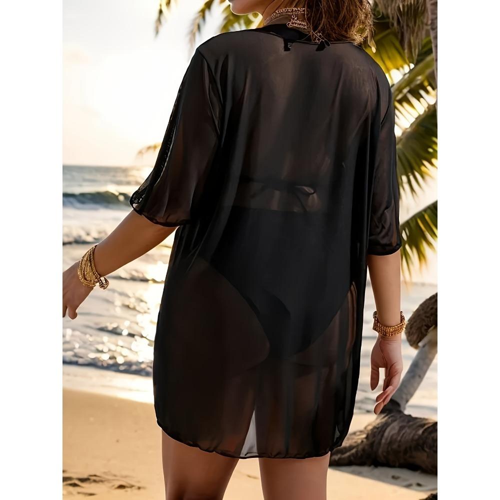Women's Plus Size Sexy Semi-Sheer Mesh Cover-Up Side Slit Dress, Solid Color, Beach Swimwear Dress, Not Including Bikini Set, Women's Swim & Apparel