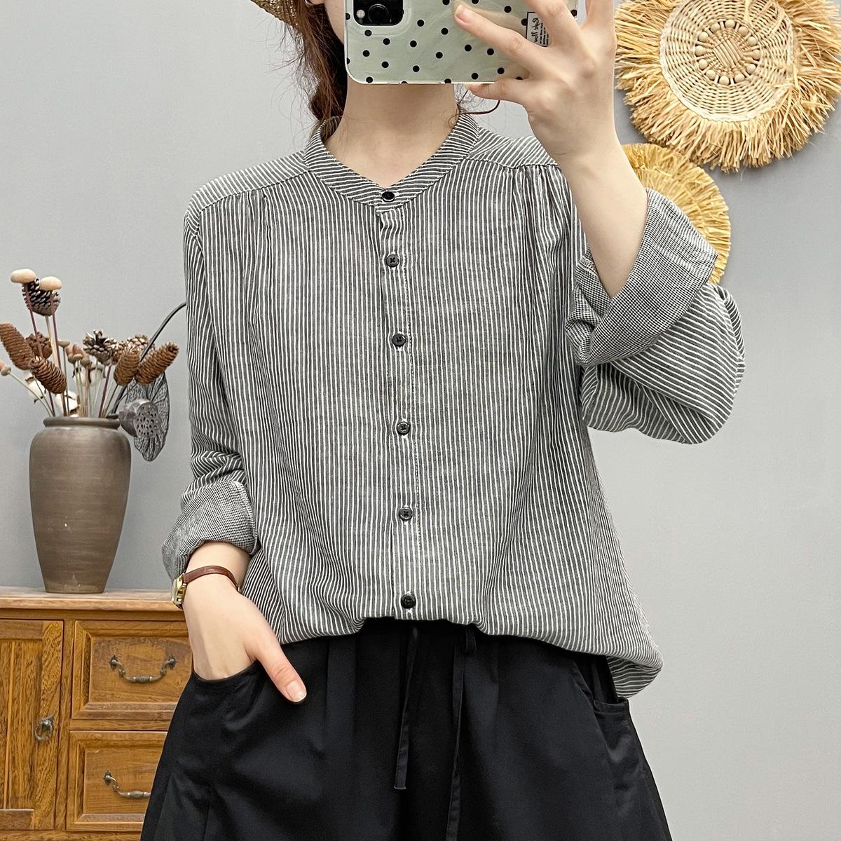 Women s Stylish Striped Long-sleeve Stand-up Collar Shirt - Autumn 2025 Collection, Slim-Fit Large серый