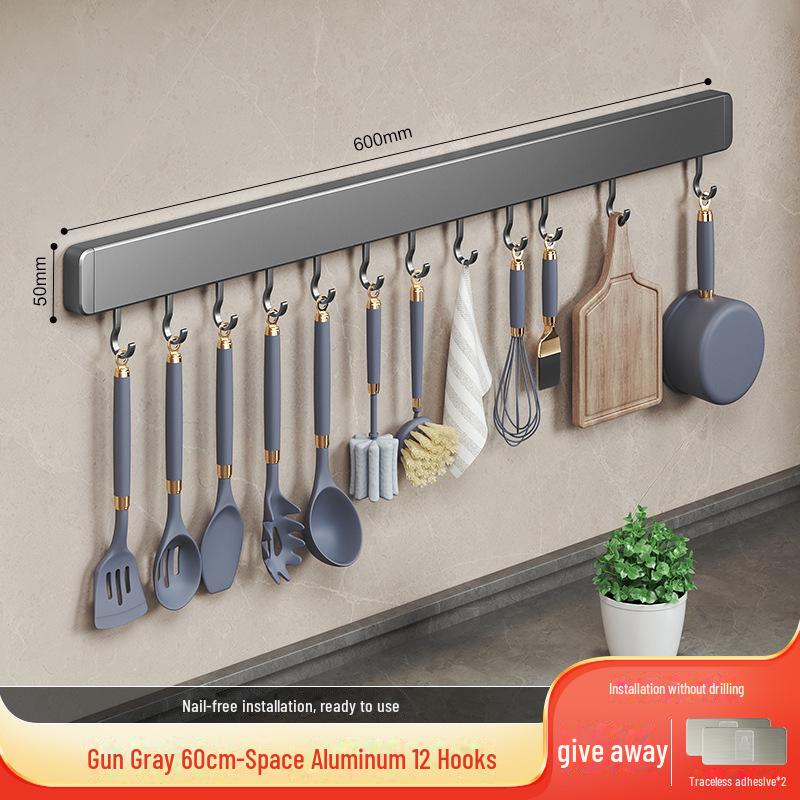 Seamless Kitchen Hook Rack: Punch-Free Space Aluminum Hanging Rod for Spatula & Spoon