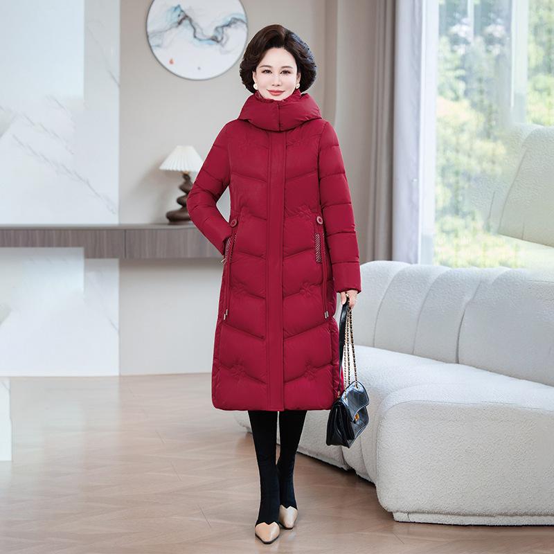 Women's XL-7X Down Cotton Long Jacket - Over-the-Knee Slimming Outerwear for Middle-Aged and Elderly