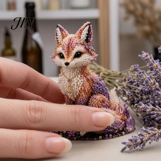Perlen-Katzen-Bastelset DIY Perlenmaterial-Packung, 3D Mythischer Wald Serie Komplett für Anfänger mit Mond- und Sternendekoration Glanzperlen, Fuchs