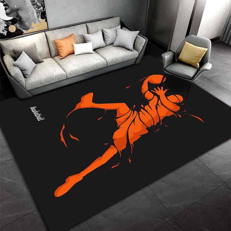 Basketball Player Silhouette Carpet, Orange on Black, Modern Style Suitable for use as an anti-slip for living room bedroom sofas