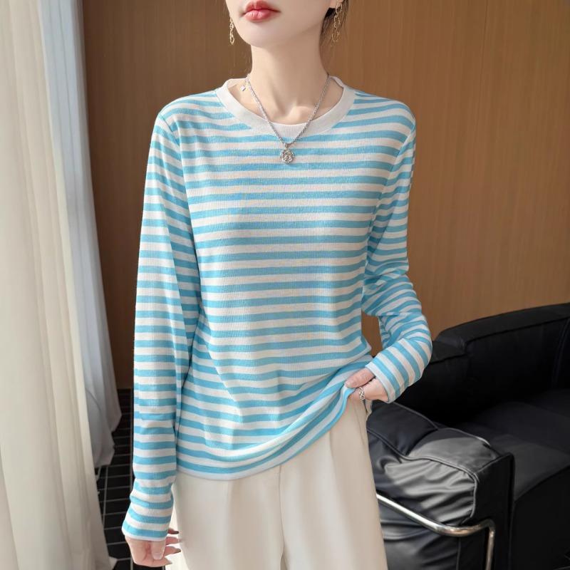 Women S Striped Crew Neck Loose Long Sleeve Knit T Shirt Casual Top
