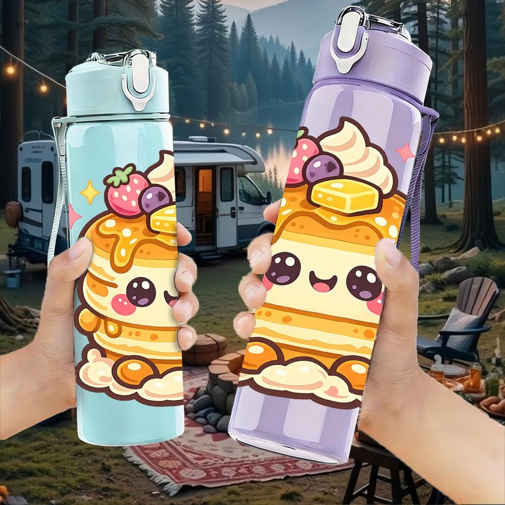 1PC Sweet Pancake Breakfast Art 750ml Color Plastic Sports Water Bottle Leakproof Flip Straw Lid Suitable for Sports Office Home Use