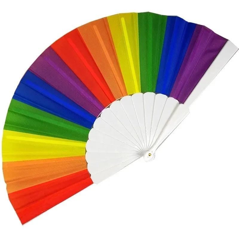 Plastic Hand Crank Fan Foldable Oriental Style Rainbow Silk Fabric Pocket Hand Fans Party Fovor Personality Dance Fan Gifts