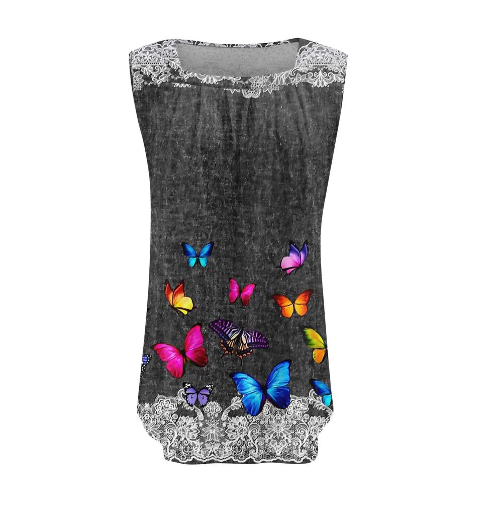Women's Fashion Casual Pleated Square Collar Sleeveless Vest Print Summer T-shirt