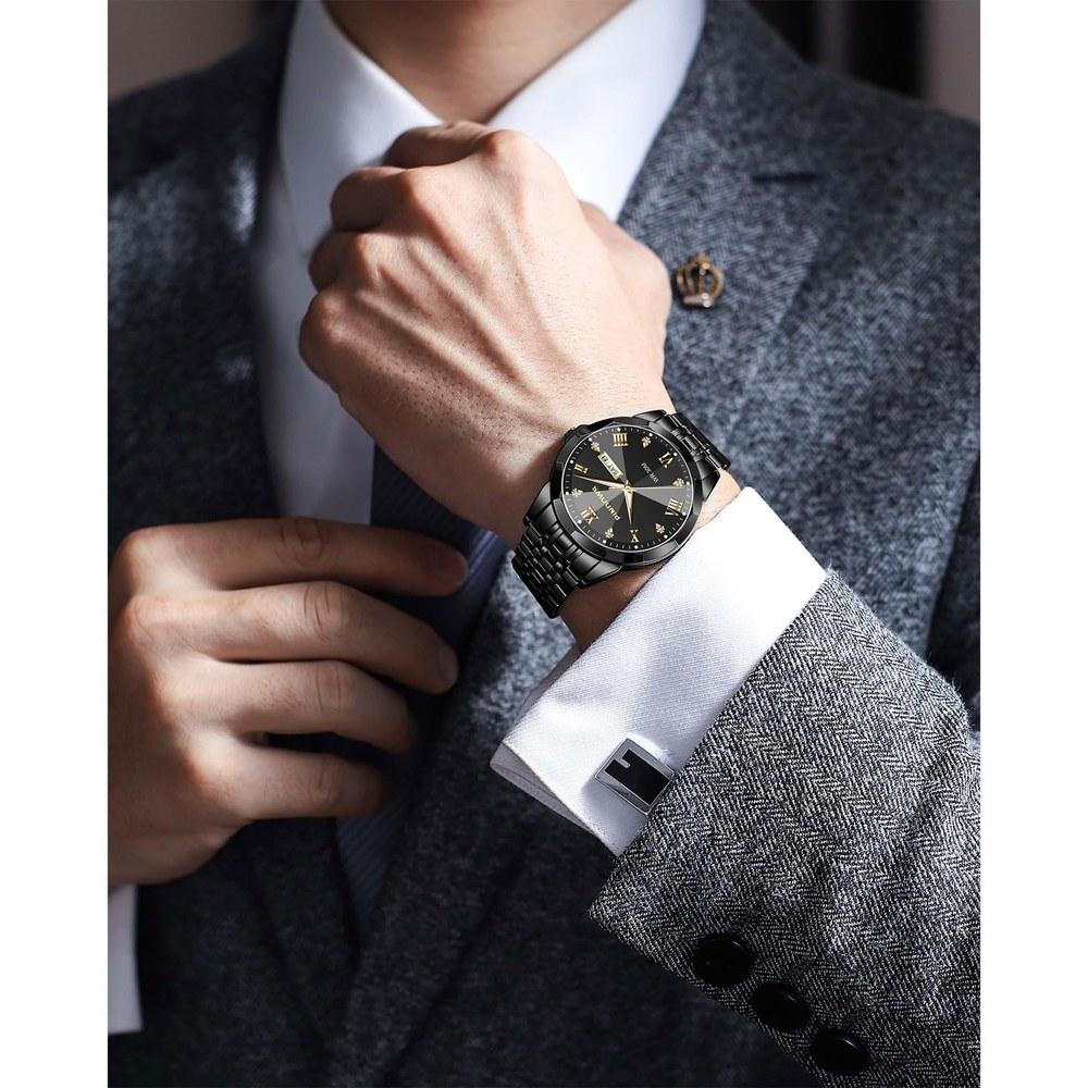 PINDOWS Men's Analog Quartz Watch with Day Date Display Stainless Steel Band Daily Life Water Resistance