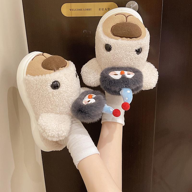 Bear Cotton Slippers Women's Autumn and Winter 2025 New Indoor Home Plush Cartoon Thick Bottom Stepping On Shit Feeling Warm Cotton Mop