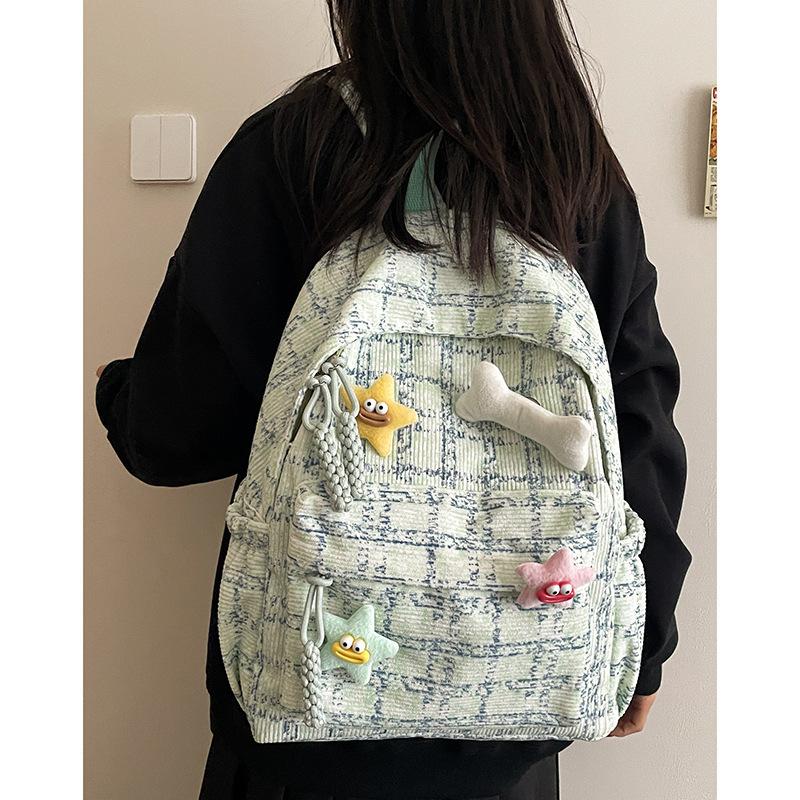 Japanese Style Literary And Artistic Small Fresh Plaid Schoolbag, High School Student Campus Backpack Female Corduroy Backpack Female