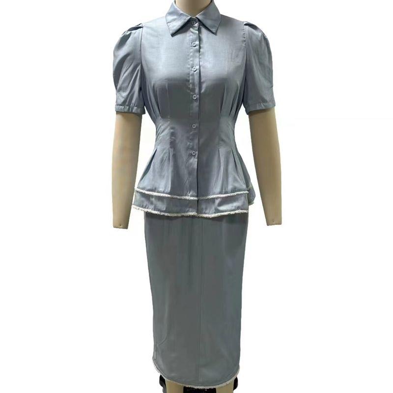 

Fashion Wind New Arrival Fashion Cinched Slimming Pullover High Waist Skirt Suit Shirt and Skirt Set Light blue M