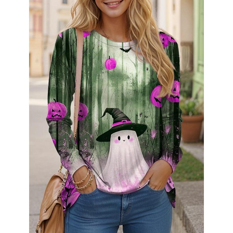 Round Neck 3D Ghost Printed Top Casual Long Sleeved Women's T-shirts - Soft Medium Stretch Polyester Fabric Spring and Autumn Relaxed Fit Clothing
