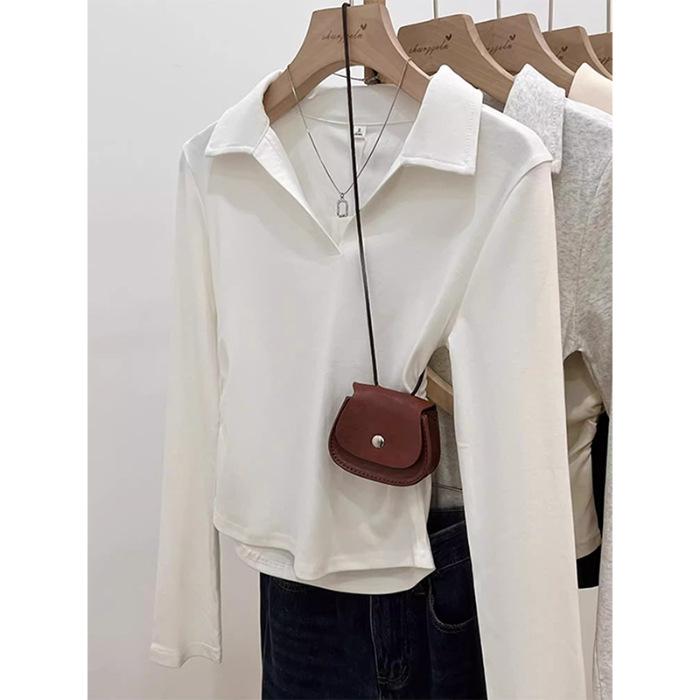

Korean chic chic top spring and autumn pleated waist design polo collar long sleeve short chic front shoulder t-shirt women S