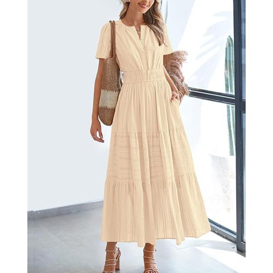 VEZFAA Abiti casual da donna, estivi e primaverili, a maniche corte, con scollo a V e vita media