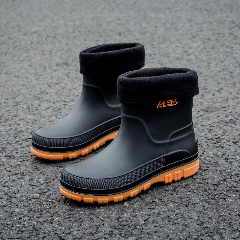Hot Sales Men'S Rain Boots Designer Waterproof Mid Calf Boots Plush Non Slip Pvc Work Shoes Comfortable High Quality Men Shoes