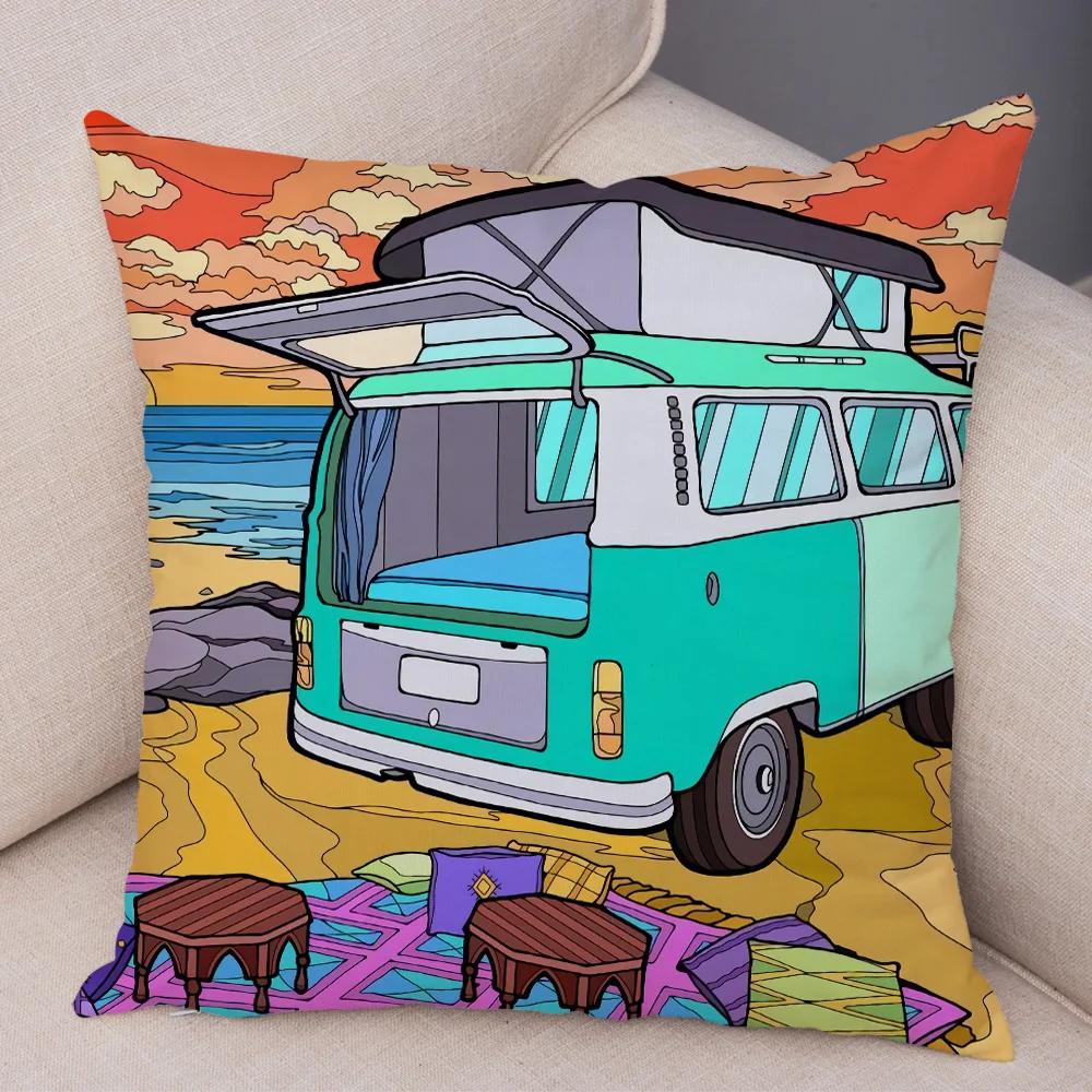 Both Sides Pillow Case Decor Happy Camper Cartoon House Travel Car Cushion Cover for Sofa Home Super Soft Plush Pillowcase