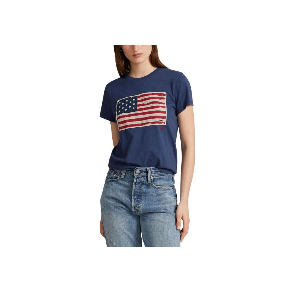 Dámské tričko s krátkým rukávem a kulatým výstřihem Polo Ralph Lauren s vyšívaným logem s písmeny a vlajkovým vzorem, námořnicky modré 211663124-0022