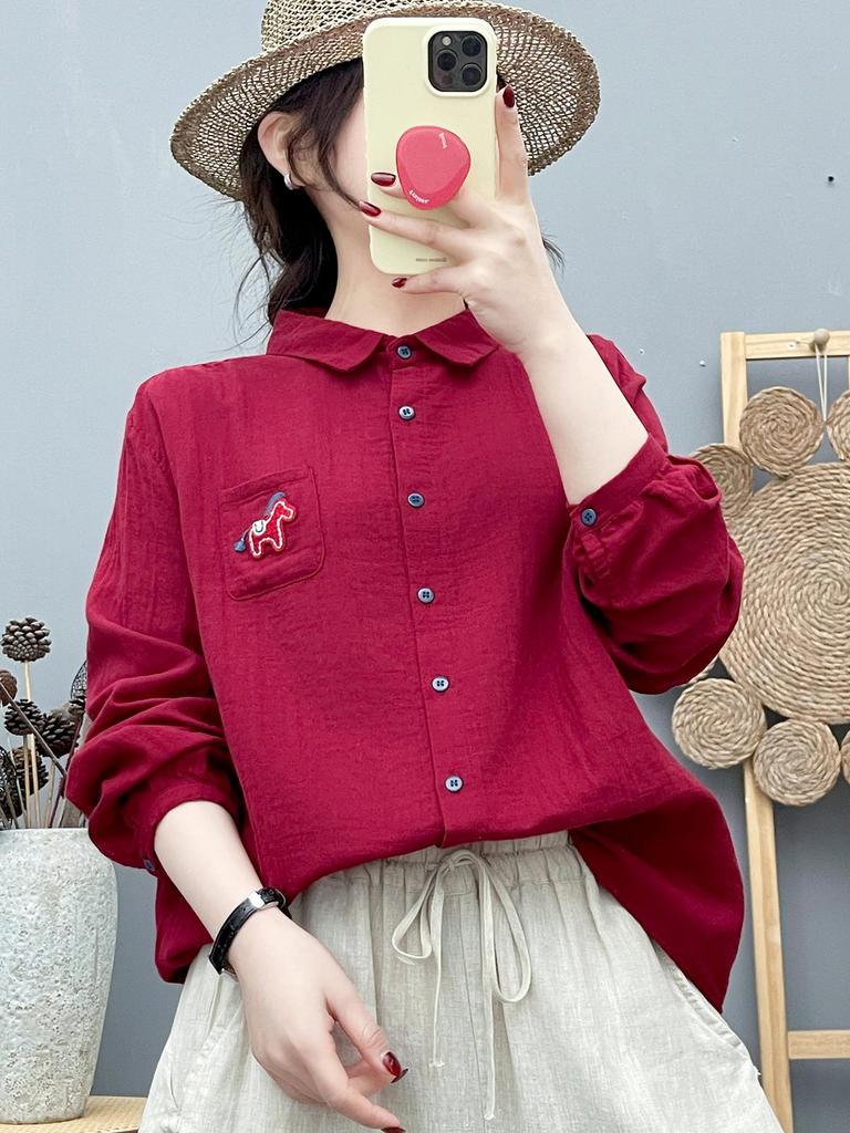 Women's Double-Layer Long-Sleeve Cotton Shirt - Fashionable, Artistic Style with Small Horse Embroidery, Year of the Horse Red.