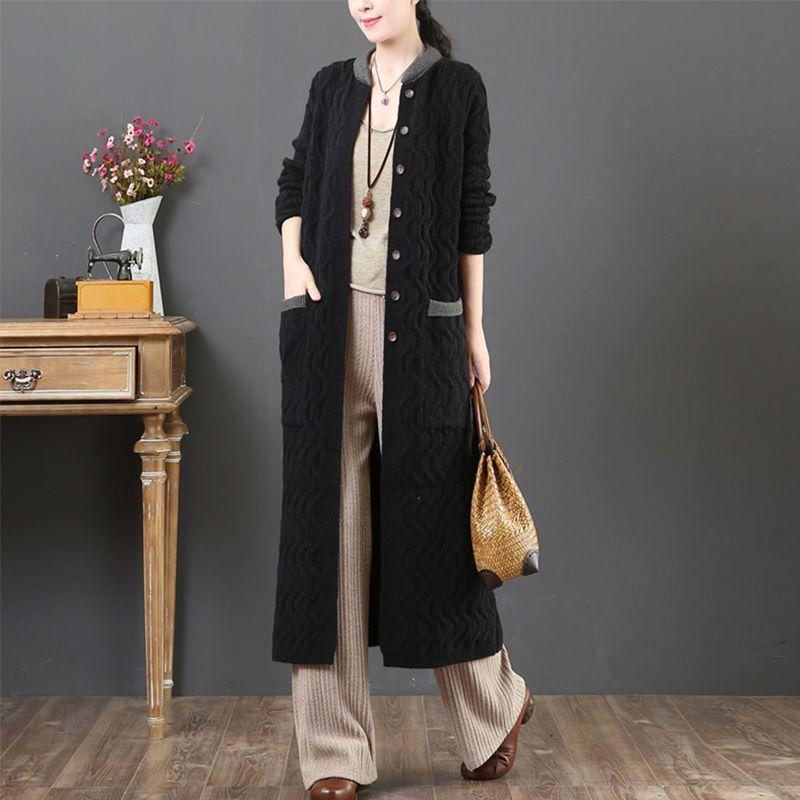 New Casual Loose Cardigan Office Lady Cardigan Solid Color Double Pocket Autumn Winter Women Long Sleeve Knitted Coat Streetwear