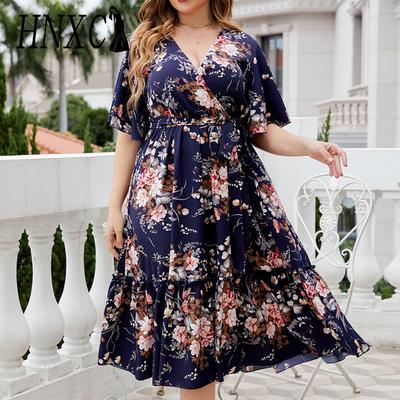 Damenmode, Sommer, Frühling, Blumendruck, kurzärmelig, V-Ausschnitt, hohe Taille, Freizeitkleider, Größe L
