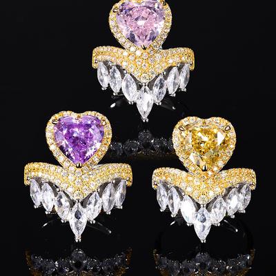 Jewelry Copper Bottom Gold-Plated Simulation High Carbon Diamond Ice Flower Cut Design Crown Heart Ring Women 12 * 12