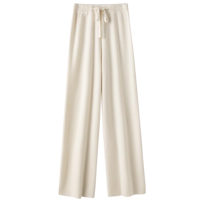 Women s Cashmere Knit Wide-Leg Pants: Mid-Waist, Draping, Slimming, Casual, Floor-Length, 100% Pure Wool S