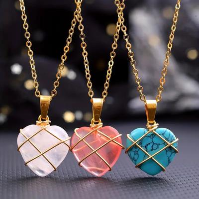 Natural Stone Heart-shaped Pendant, Pink Crystal, Opal, Luminous Stone, Heart-shaped, Handmade, Wrapped Silk, Pendant, Necklace Accessories