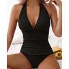 Women’s Solid Color Halter One-Piece Swimsuit, Sexy V-Neck Backless Tight-Fit Swimwear, Summer Beach Monokini Bathing Suit