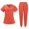 Women's Short Sleeved Solid Color V Neck Pocket Top Pants Work Clothes Two Piece Set