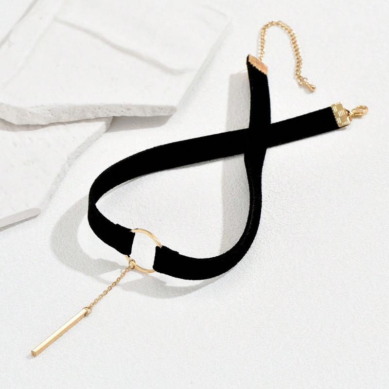 1pc Black Faux Suede Fabric Circular Choker With Stick Pendant & Chain For Women Gothic Summer Necklace