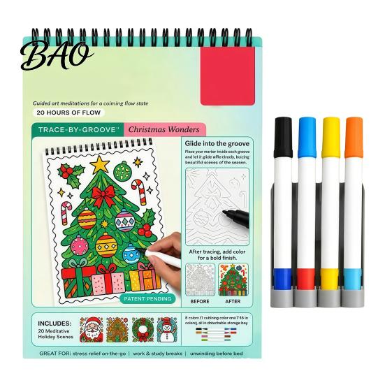 Spiral Bound Drawing Album Trace-By-Groove Guided Coloring Book, Clear Artistic Printing with 20 Decorative And Painting Set for Teens Scenes