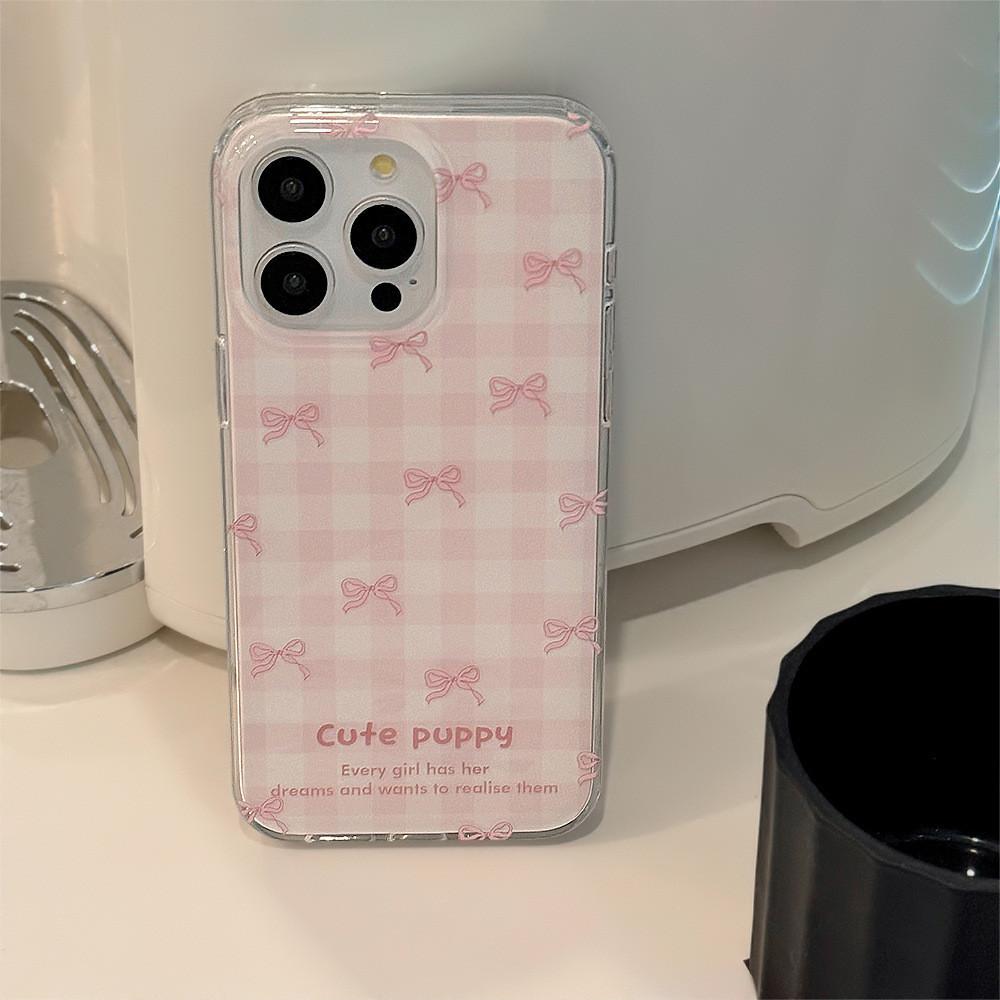 Japanese Style Pink Plaid Bow Phone Case Compatible and Suitable for iPhone15 14 13/12promax