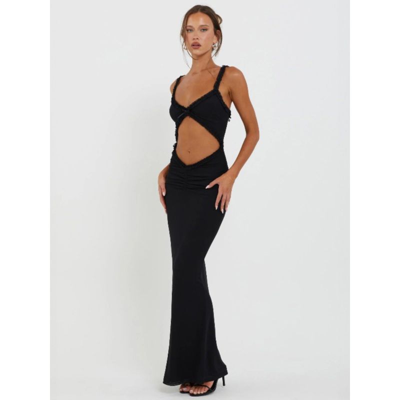 Fashion 2024 Summer New Suspender Wooden Ear Collarless Crop Top Sexy Silm Long Dress Export Female