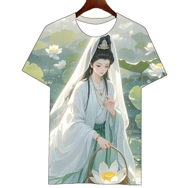 2026 Summer Guanyin Pattern 3D Print T-shirt Crew Neck Short Sleeve Comfortable Comfortable Loose Top Trendy Short Sleeve