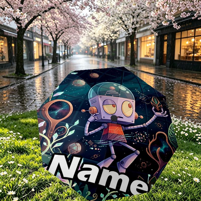 Custom Name Personalized Cosmic Bot Crew Print Umbrella, Auto Open Close, 8‑Rib Sturdy Frame, Commute Camping Hiking Use, Birthday Gift