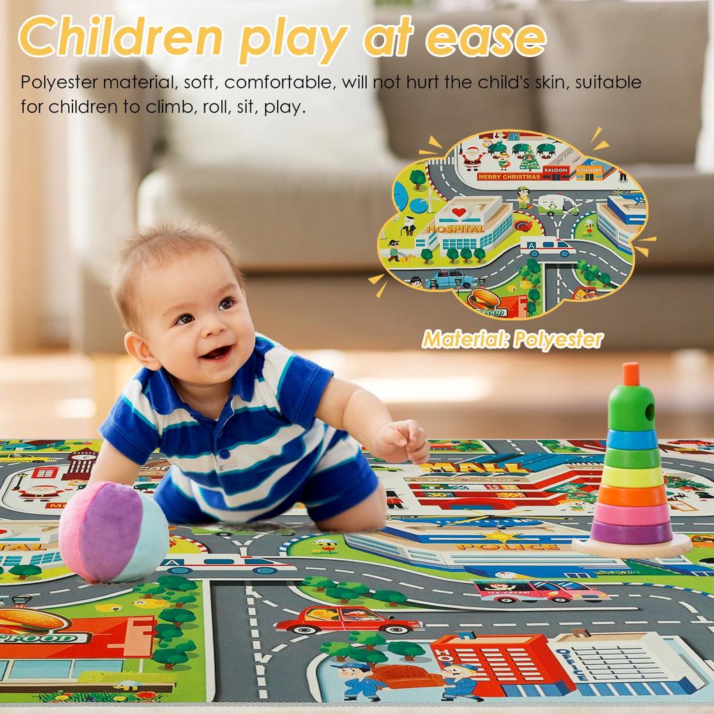 Kids Carpet Playmat Rug Polyester Children Playmat Indoor Anti-skid City Road Game Carpet Comfortable Educational Learning Toy