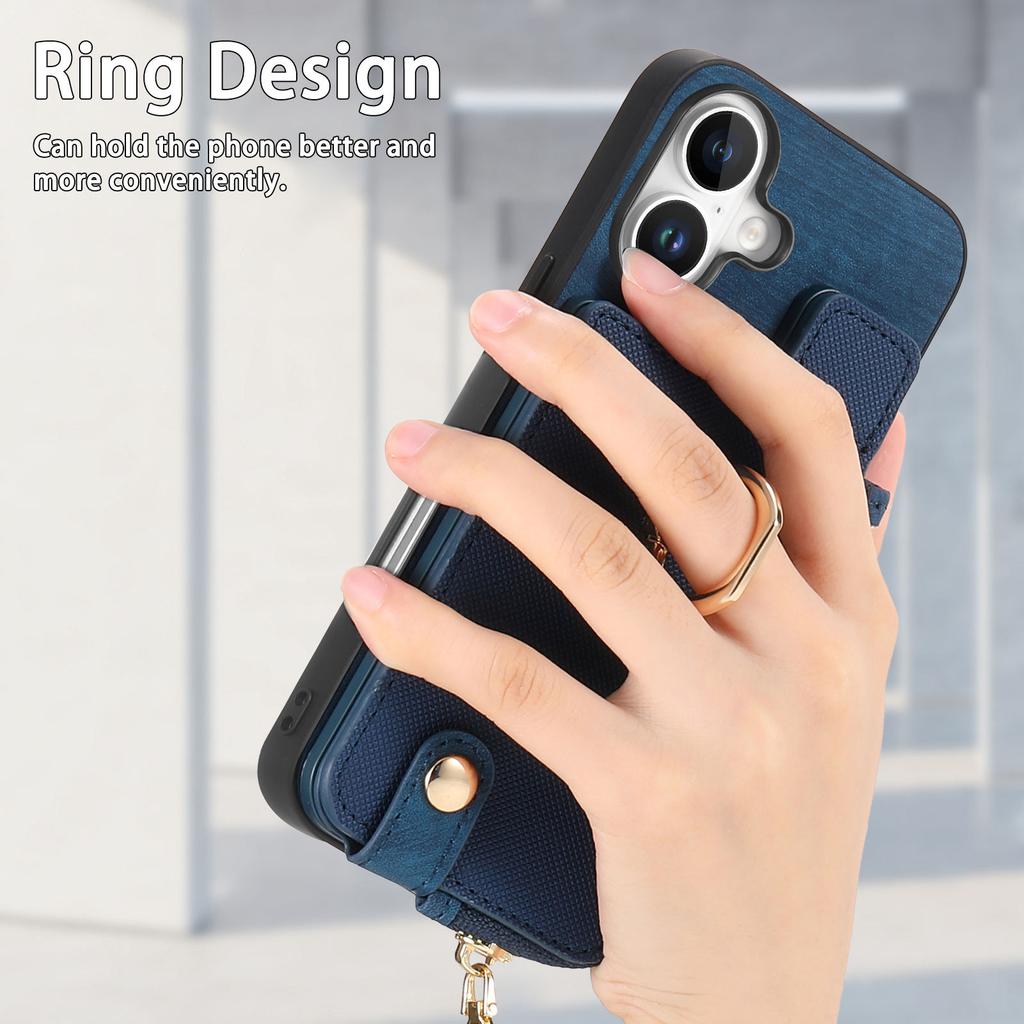 For iPhone 16 Plus Case Zipper Pocket Kickstand Leather Phone Back Cover