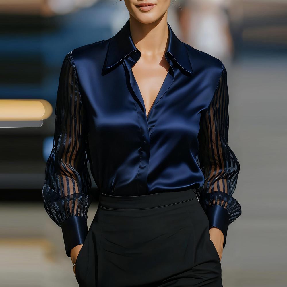 Autumn Long Sleeved Satin Shirt For Women Fashion Elegant Turn-down Collar Loose Transparent Spliced Blouses And Tops