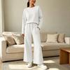 Women's Casual Long Sleeve Two-Piece Set - Round Neck Top with Elastic Drawstring Waist Wide Leg Pants and Pockets