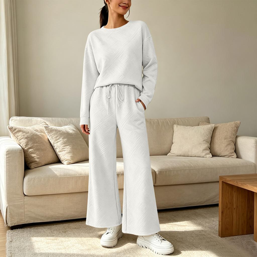 Women's Casual Long Sleeve Two-Piece Set - Round Neck Top with Elastic Drawstring Waist Wide Leg Pants and Pockets