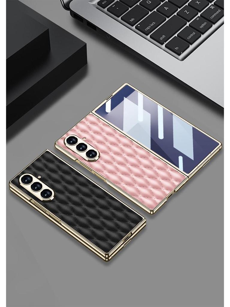 Samsung ZFold7 Luxury Diamond Lattice Leather Case with Integrated Screen Protector