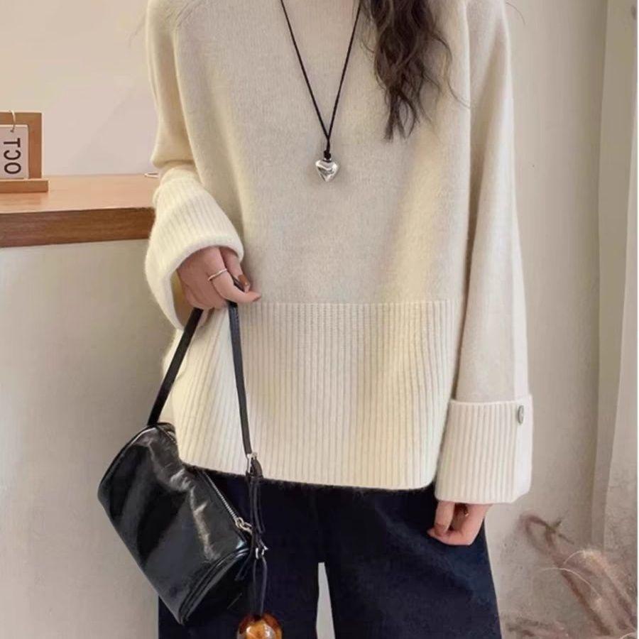 Französischer Rollkanten-Kuscheliger Herbst-Winter-Rundhals-Damenpullover - Weiche Strick-Innenschicht