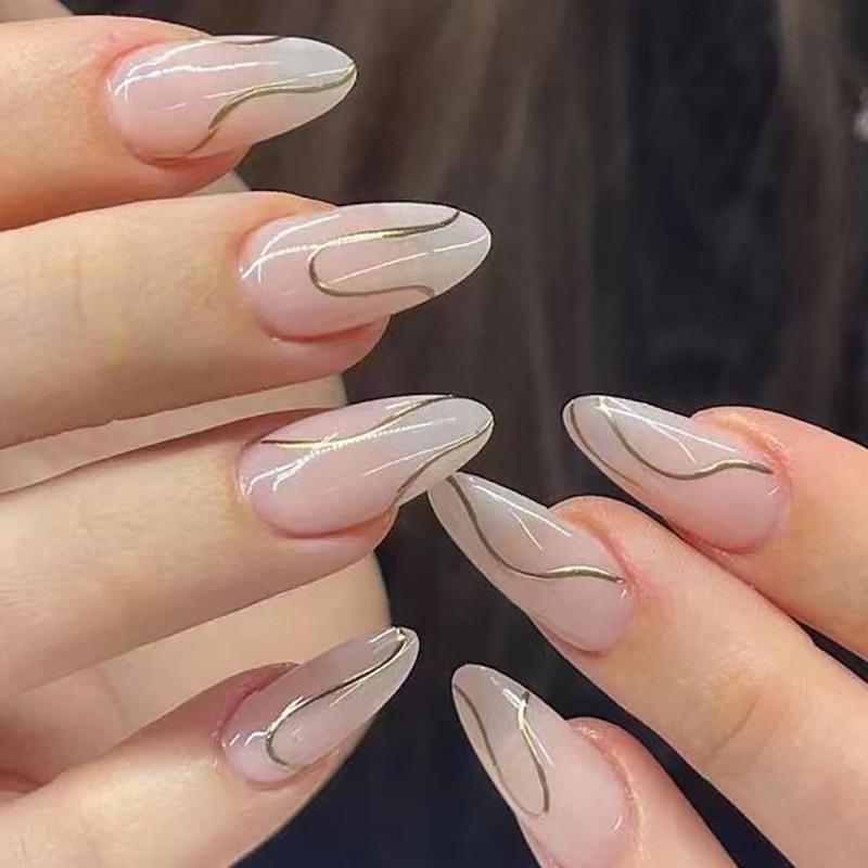 Shiny Gold Line Nail Tips In Soft Pink Almond Shape 24pcs Press-On Nails Minimalist Style Glue Jelly Adhesive