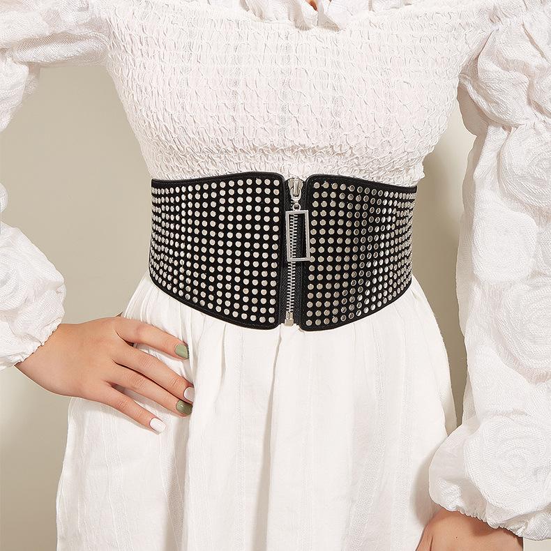 Small Flat Multiple Nail Zipper Waist Seal Waistband With Rivets Belt Black