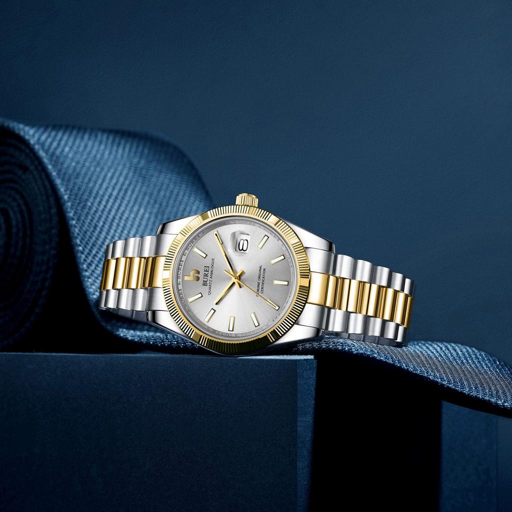 BUREI Men's Waterproof Quartz Analog Watch, Simple and Popular for Business and Fashion, Silver and Gold Luminous Finish, Perfect As a Birthday Gift