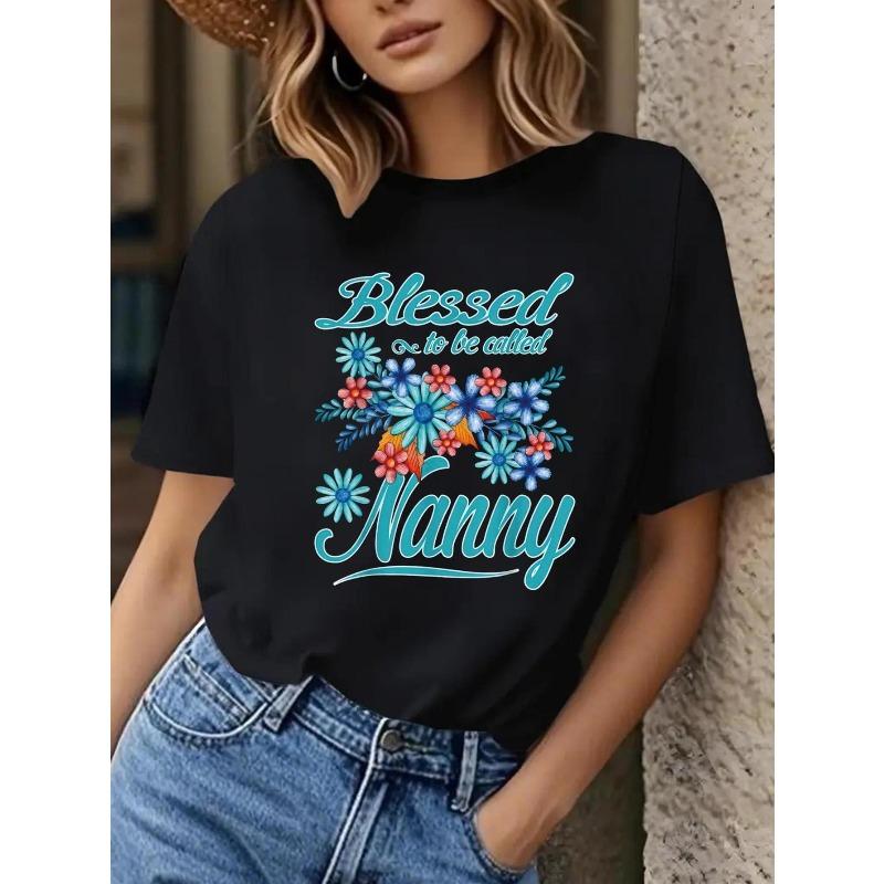 Camiseta Divertida para Avó Abençoada Feminina Preta Turquesa Floral Escrita Slim Fit Manga Curta Presente de Dia das Mães para Avó Top Casual