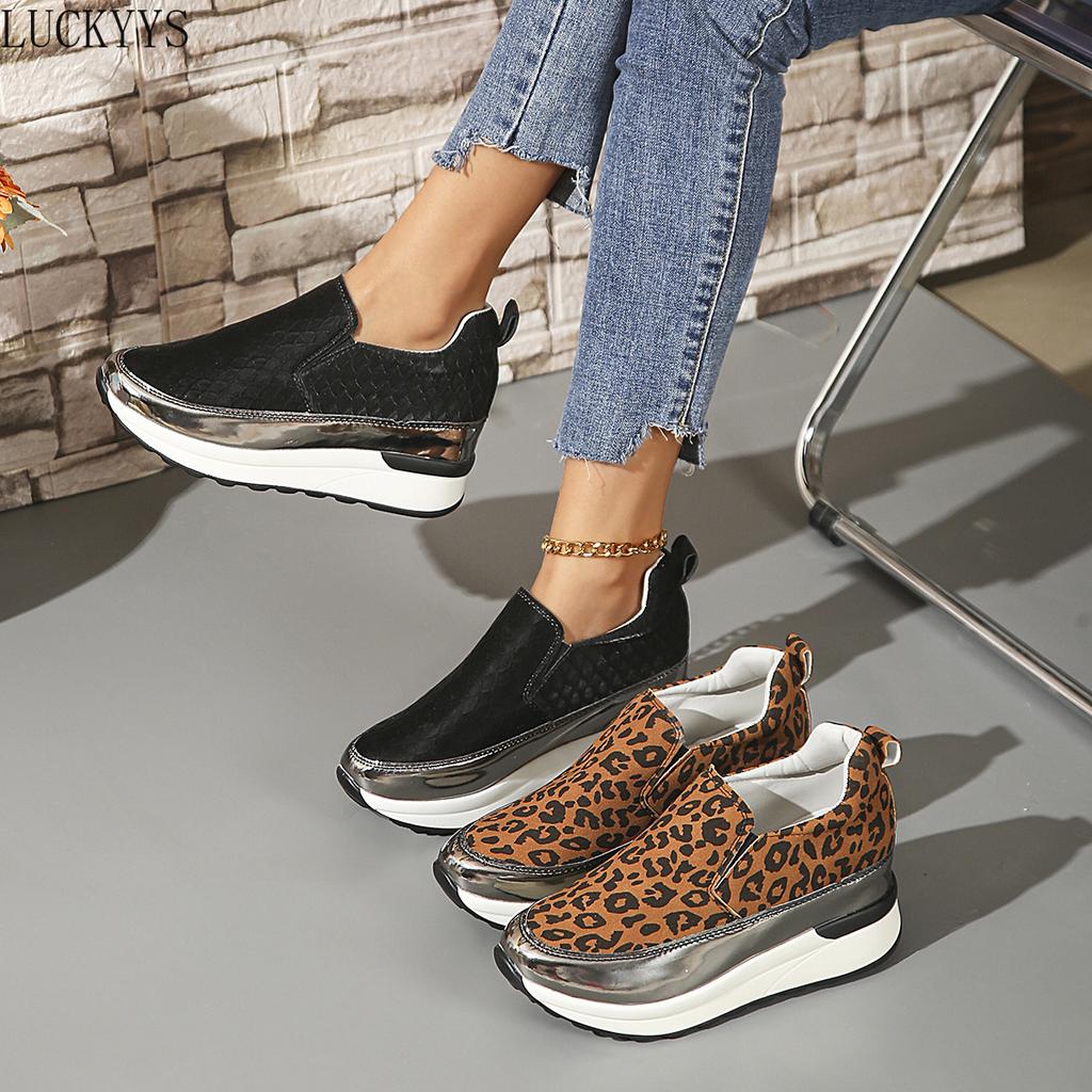 Fashion Hidden Heel Casual Platform Shoes Woman Sneakers Suede Slip On Shoes Women Height Increasing Flock Leopard Print Wedges Shoes