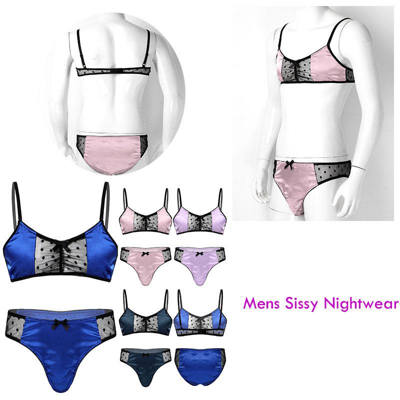 Men Satin Lingerie Sissy Nightwear Sheer Mesh Patchwork Adjustable Spaghetti Strap Bra Top with Briefs Thongs for Role Play